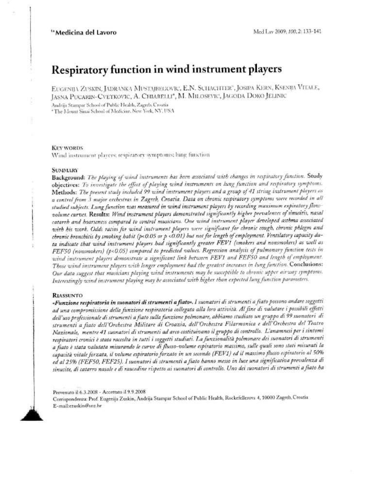 Respiratory Function in Wind Instruments | PDF