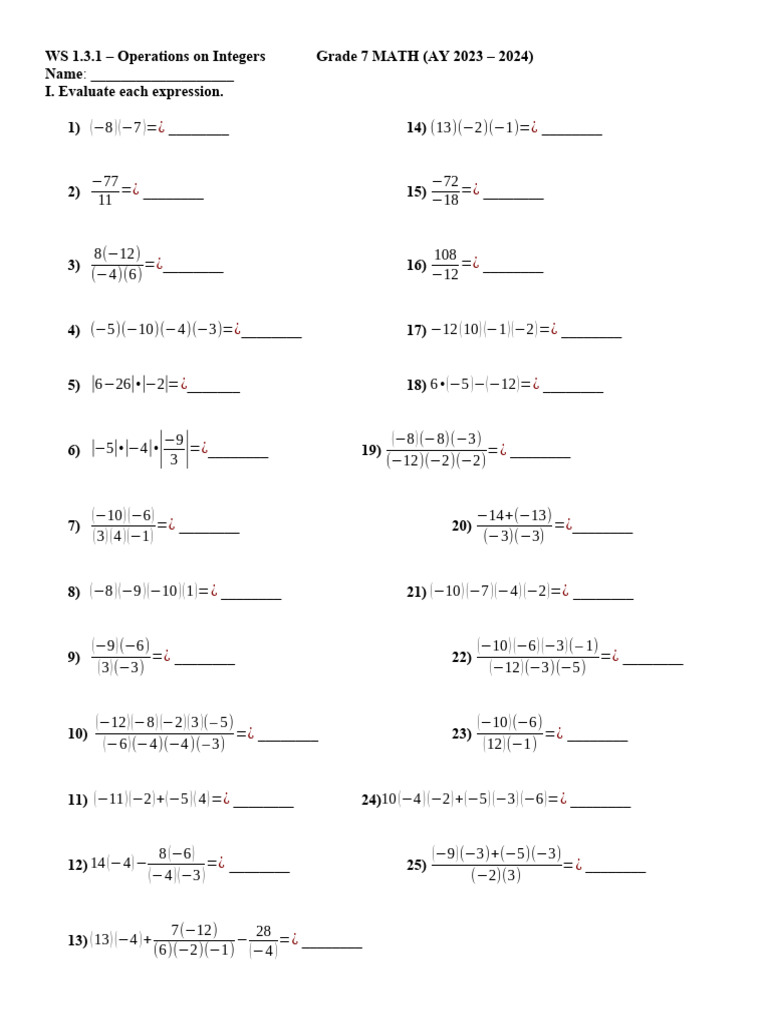 Grade 7 Integer Operations Worksheet | PDF