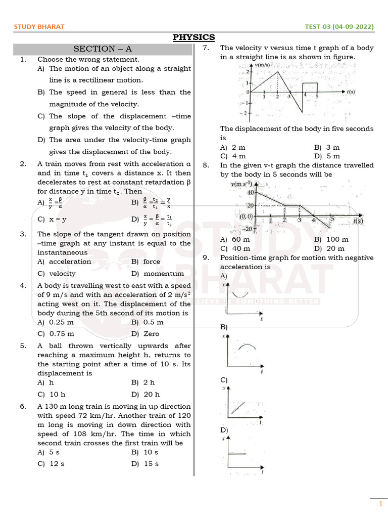 Physics Motion and Velocity Test | PDF | Acceleration | Velocity