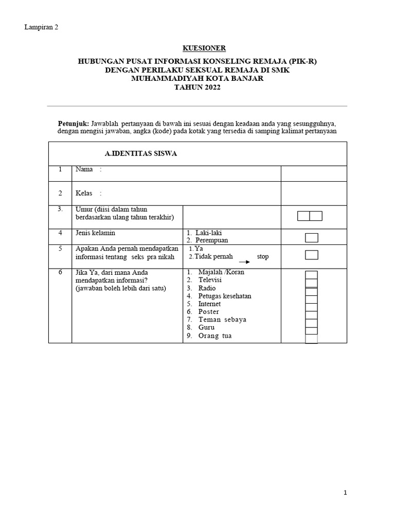 Kuesioner PIK-R dan Perilaku Seksual Remaja | PDF