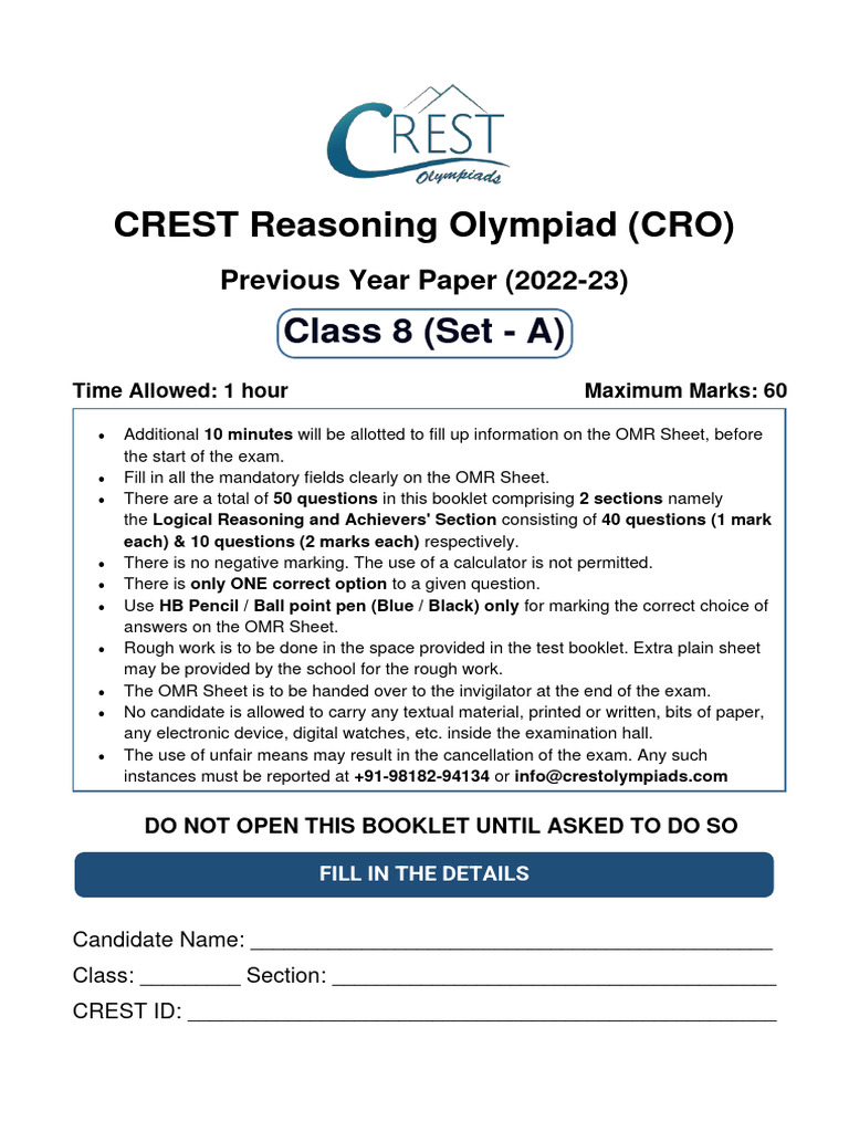CRO Previous Year For Class 8 | PDF | Teaching Methods & Materials