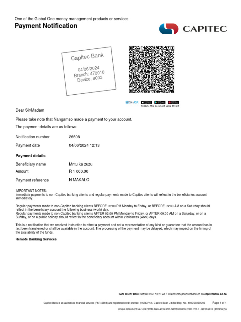 Capitec Bank Payment Notification Details | PDF | Business | Finance ...
