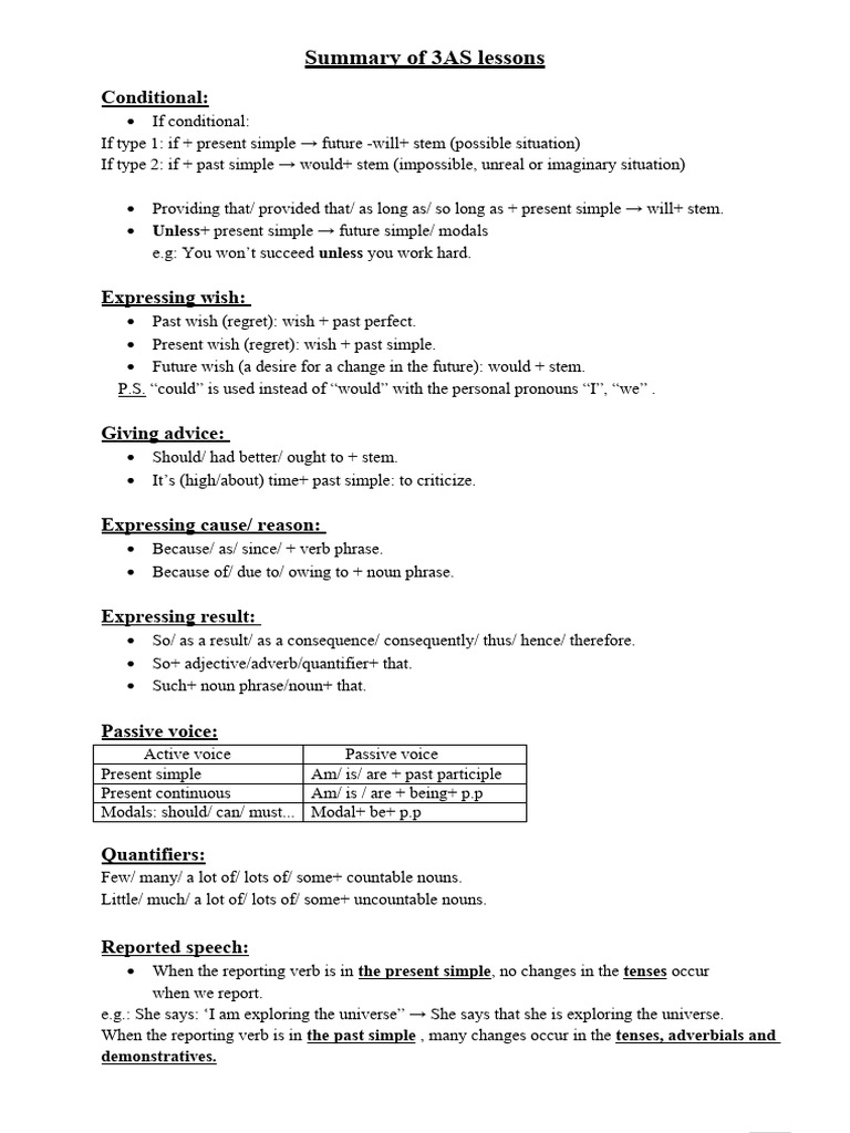 Summary of 3AS Lessons 2024 | PDF | Verb | Adjective