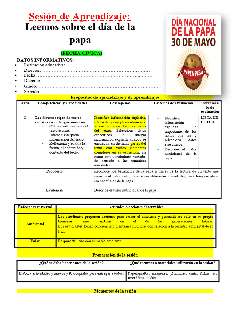 Aprendizaje sobre el Valor Nutricional de la Papa | PDF | Patata ...