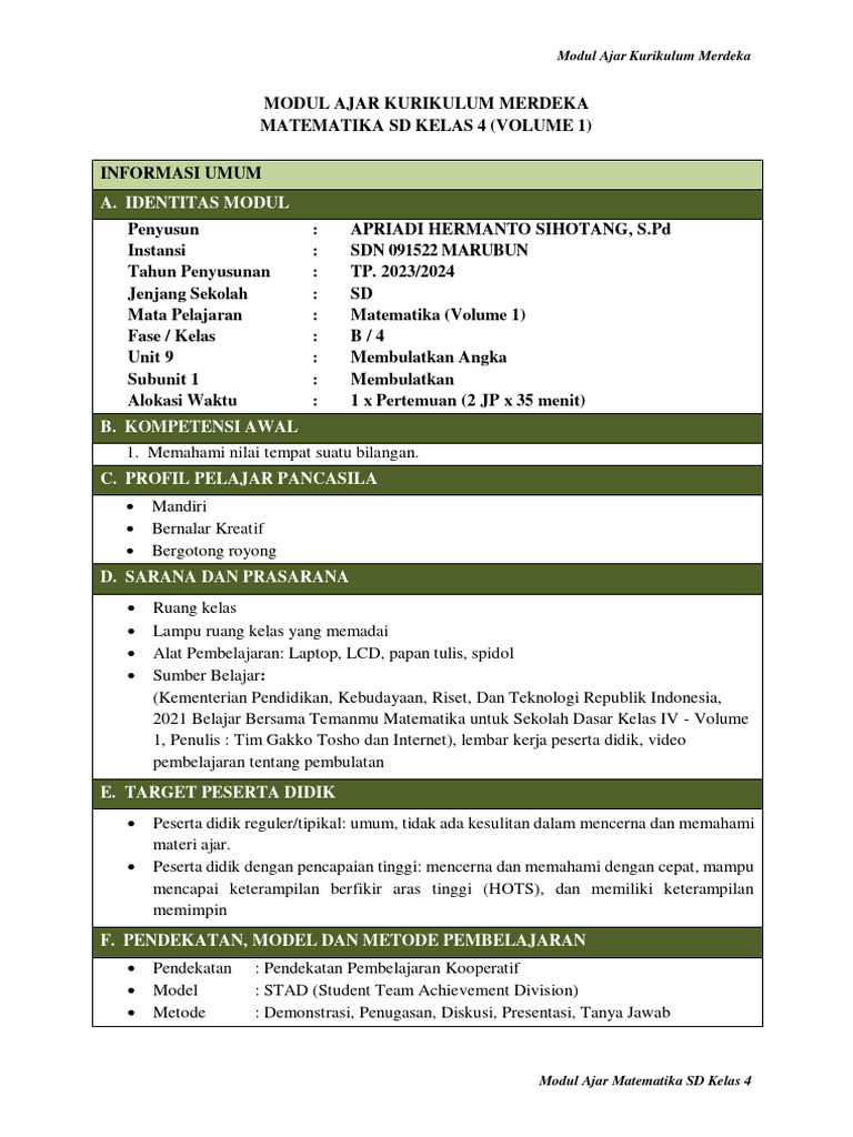 Modul Ajar Matematika Kelas 4 SD | PDF | Karier & Perkembangan ...