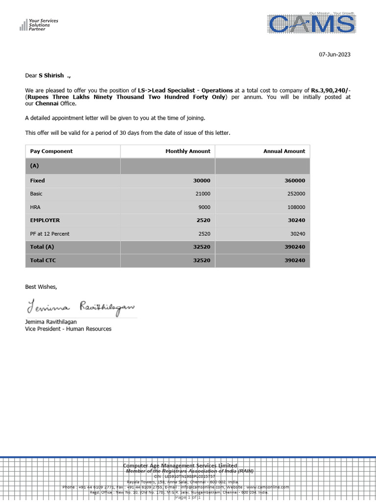 Job Offer for Lead Specialist - Operations | PDF
