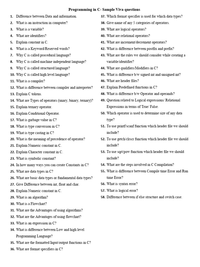 Important Viva Questions For C Language | Download Free PDF | Control ...