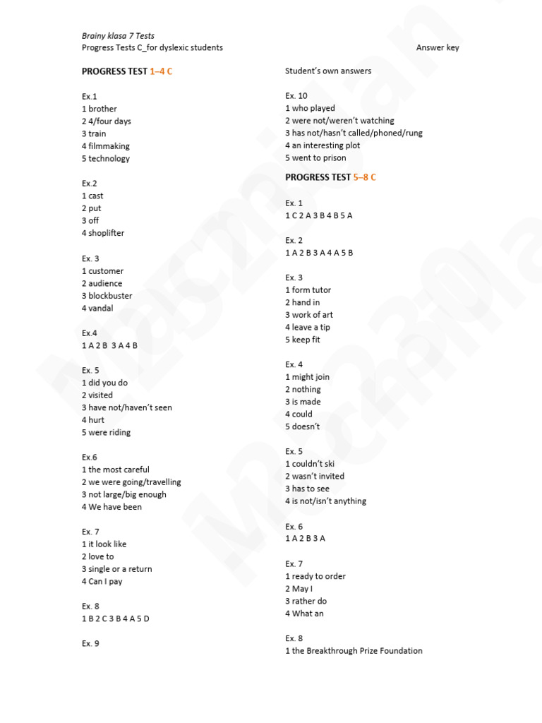 Brainy kl7 Progress Tests C Answer Key | PDF