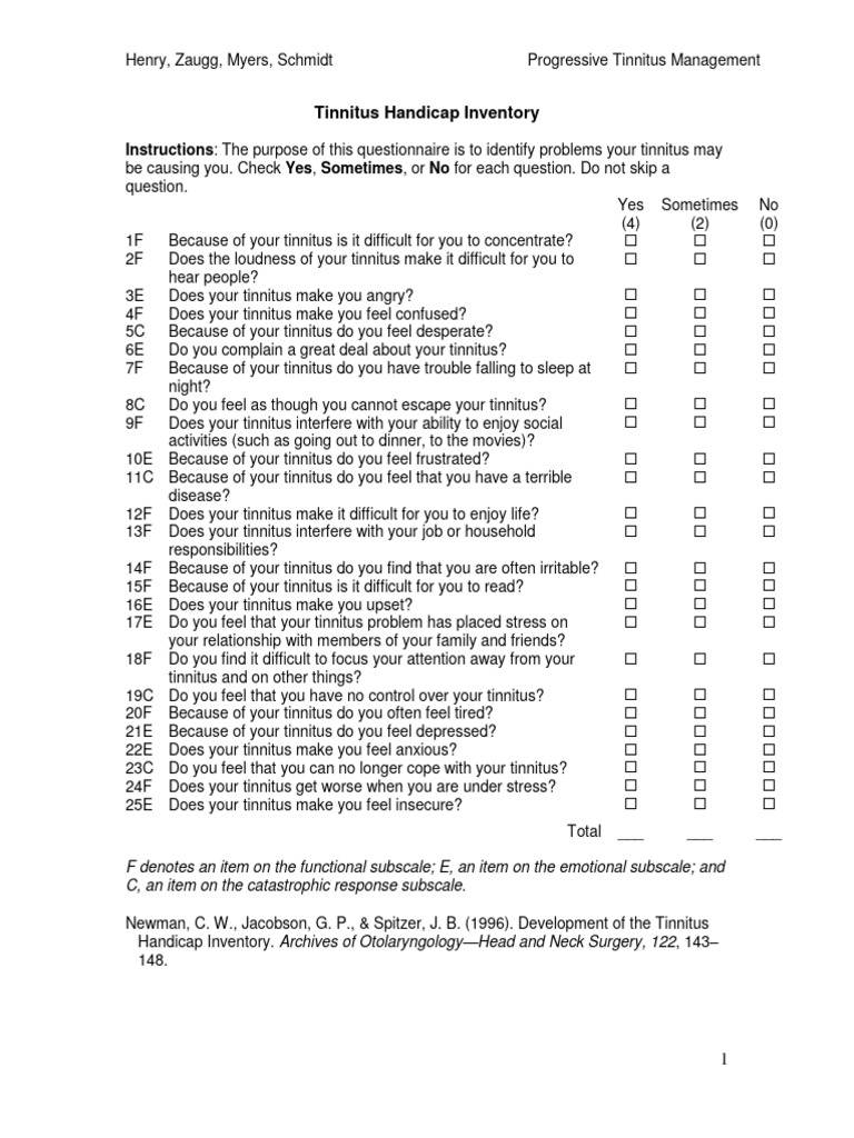 THI Tinnitus Handicap Inventory PDF Tinnitus Psychology