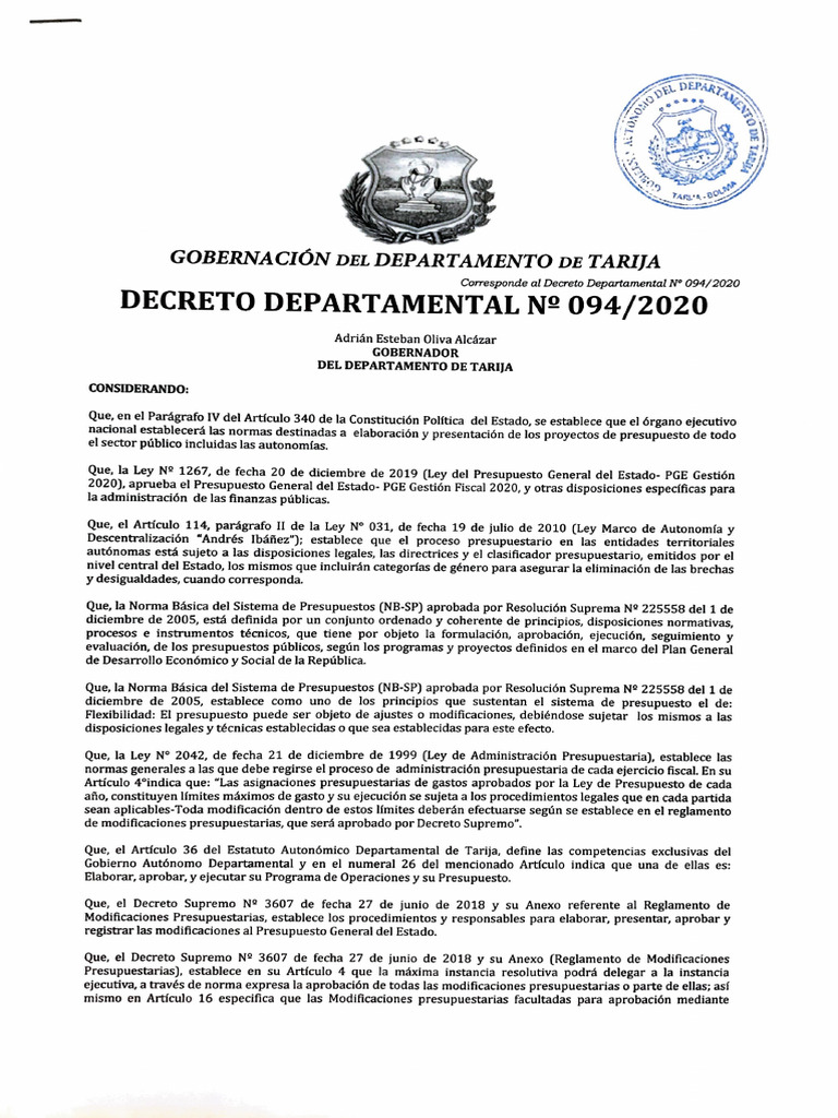 Dec Dep N 094-2020 | PDF | Presupuesto | Regulación