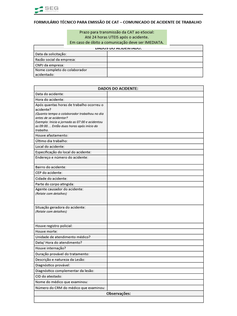 Segseg 2023020 Formulário Técnico Para Emissão De Cat Comunicado