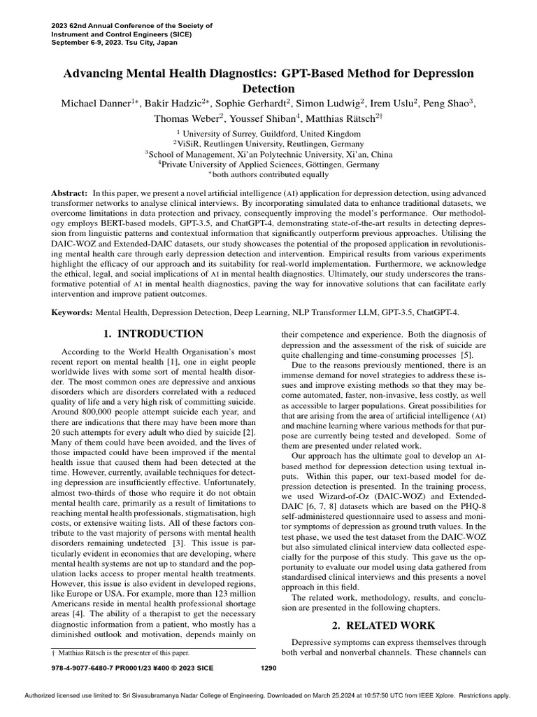 Advancing Mental Health Diagnostics GPT-Based Method For Depression ...