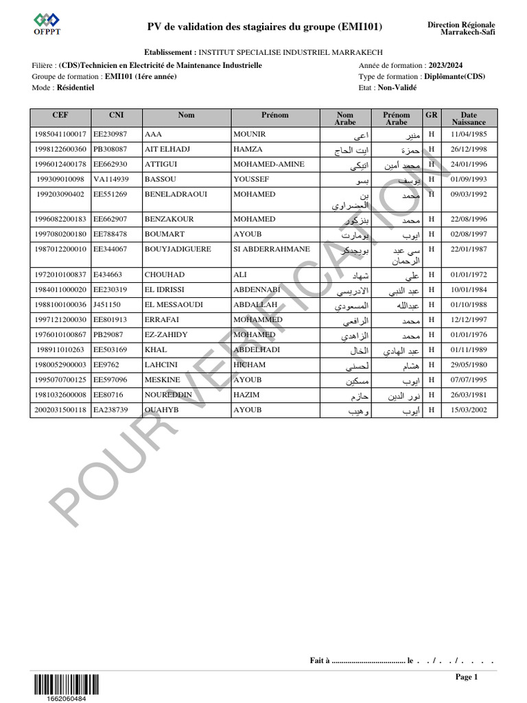 Validation des stagiaires EMI101 | PDF