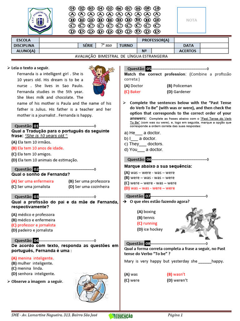 Avaliação de Língua Estrangeira 7º Ano | PDF | Artes Linguísticas e ...