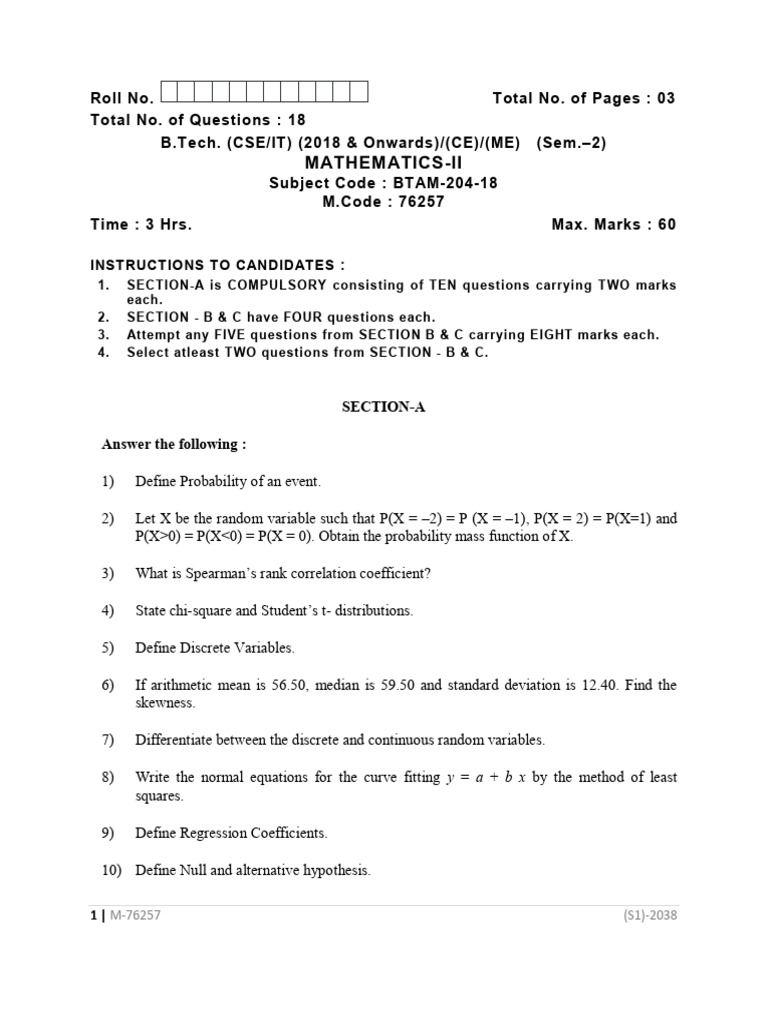 Mathematics-Ii: Instructions To Candidates | PDF | Probability Theory ...