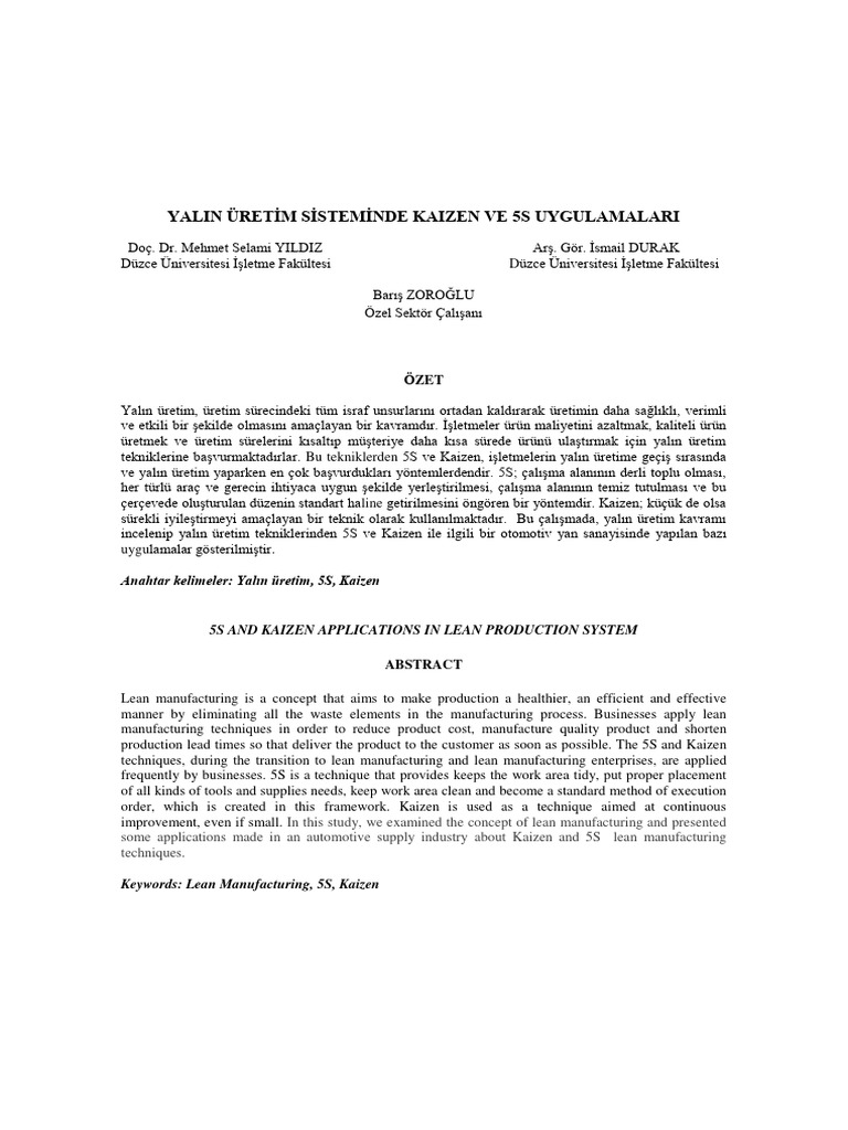 Yalin Üreti̇m Si̇stemi̇nde Kaizen Ve 5S Uygulamalari | PDF