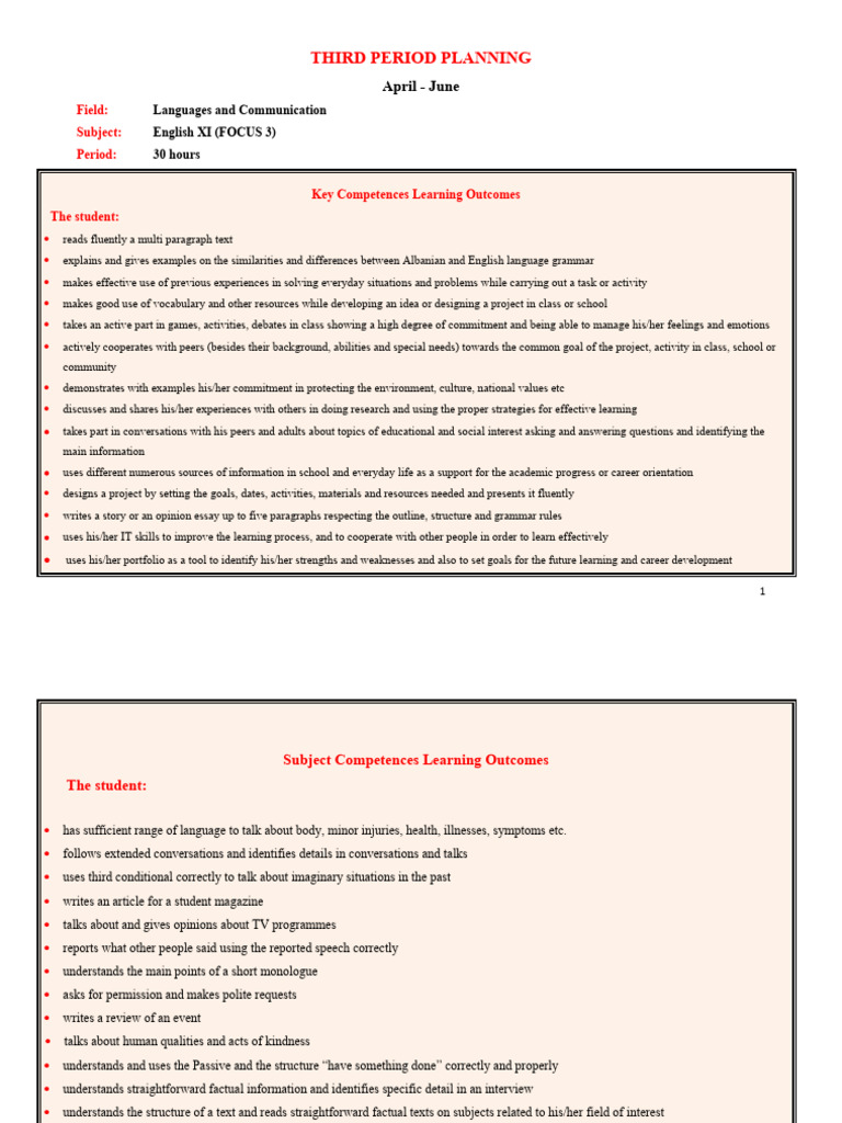 English XI Third Period Planning | PDF | Learning | Conversation