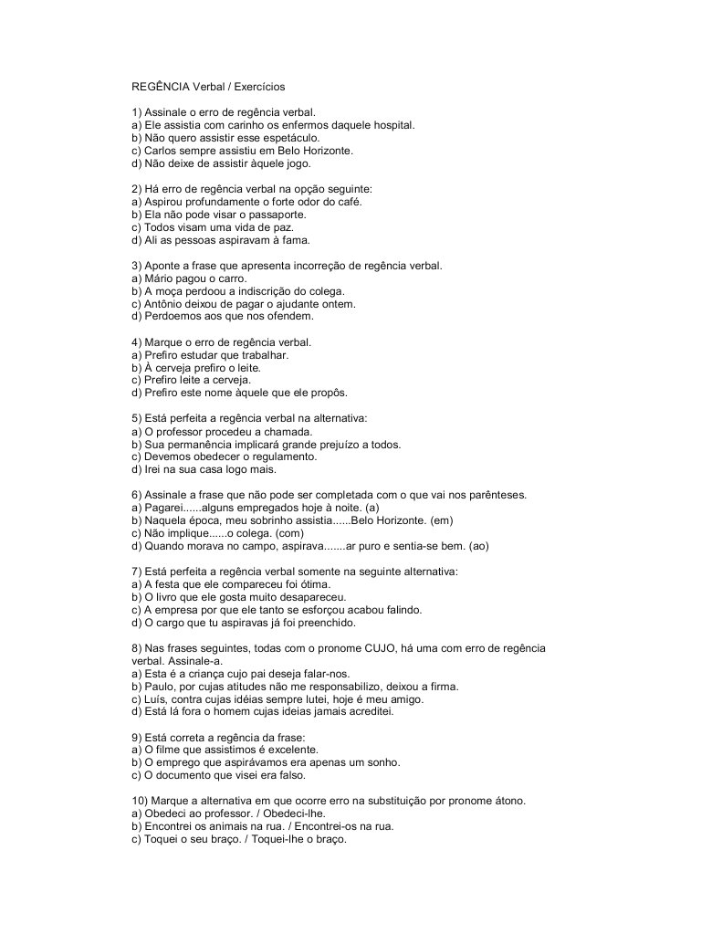 REGÊNCIA Verbal EXERCICIOS | PDF