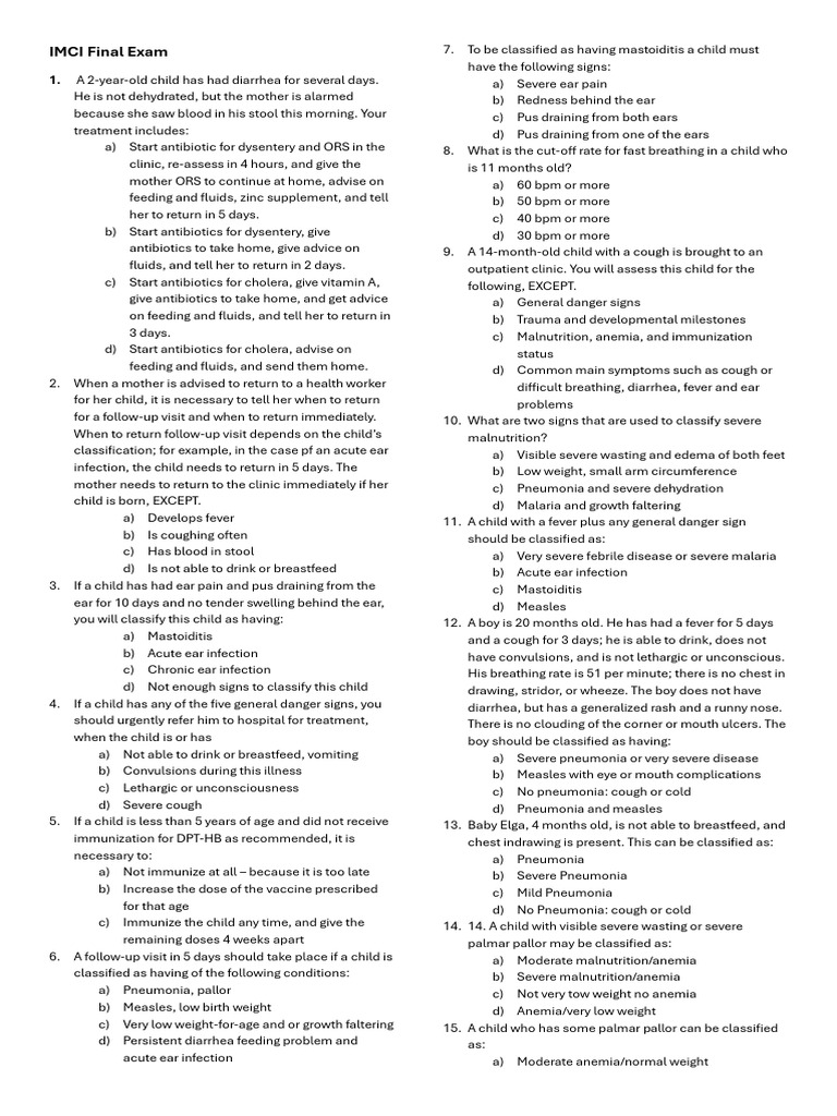 IMCI Finals Examination | Download Free PDF | Pneumonia | Diarrhea