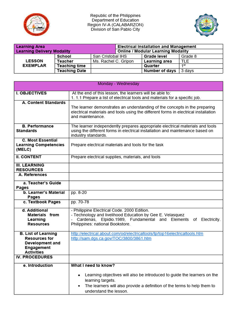 Grade 8 Electrical Installation Lesson Plan | PDF | Learning | Information