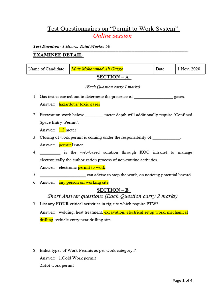 Permit to Work System Exam Questions | PDF | Gases | Occupational ...
