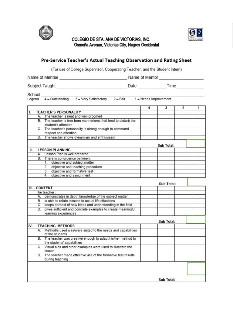 Teacher Observation Rating Sheet | PDF | Teachers | Mentorship