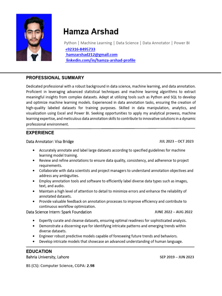 Hamza Arshad: Data Scientist Profile | PDF | Machine Learning | Data ...