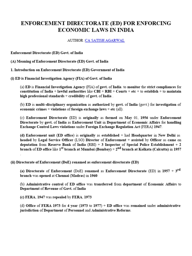 Overview of Enforcement Directorate in India | PDF | Finance & Money ...