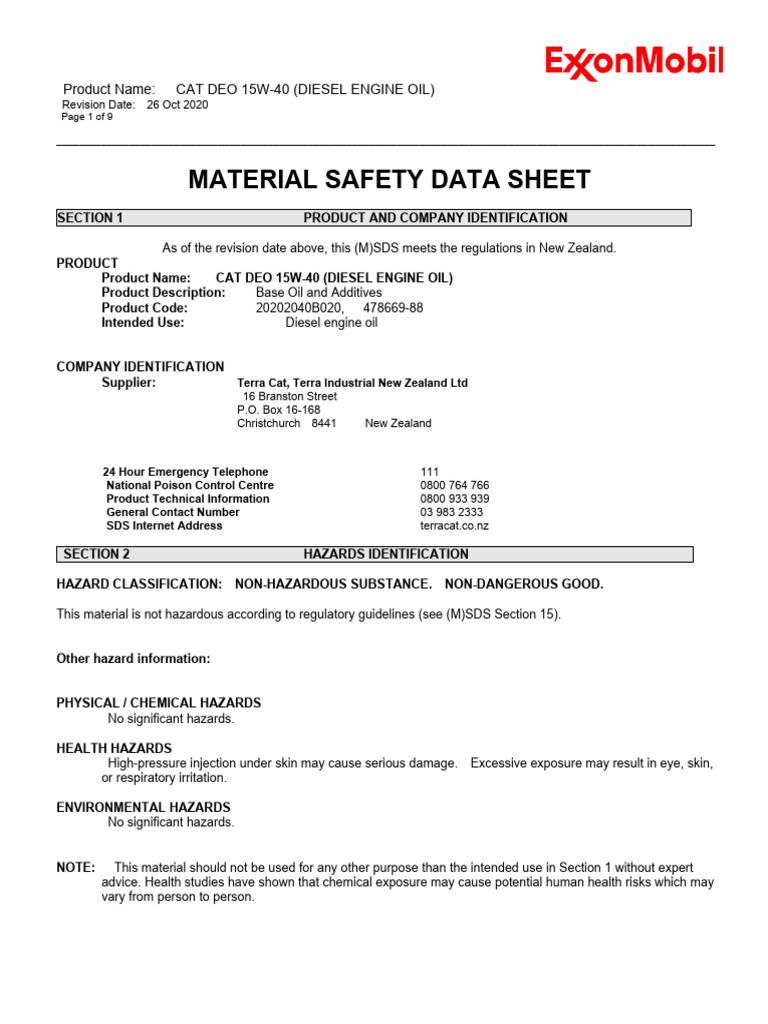 CAT DEO 15W-40 Diesel Engine Oil SDS | PDF | Personal Protective ...