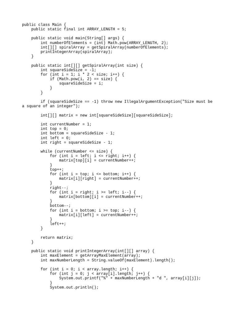 Generate Spiral Array in Java | PDF | Computers