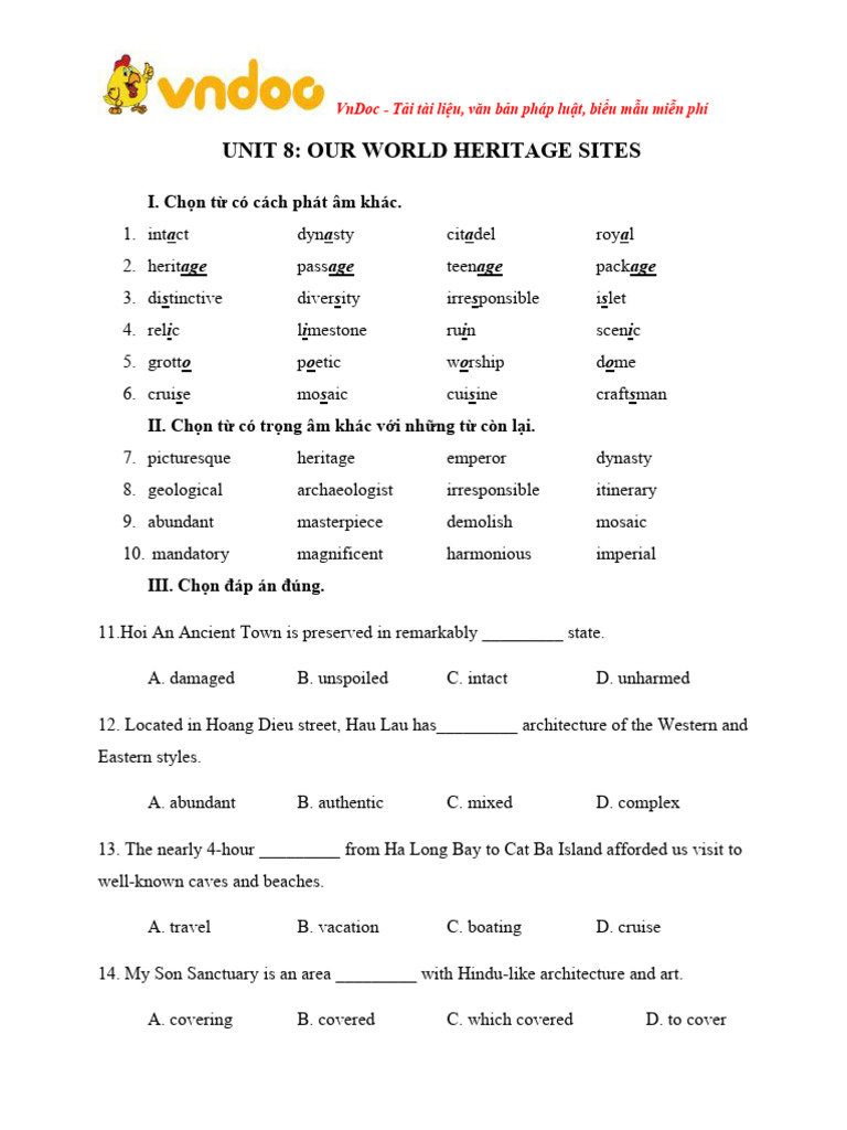 Kiem Tra Tieng Anh Lop 11 Unit Our World World Heritage Sites | PDF