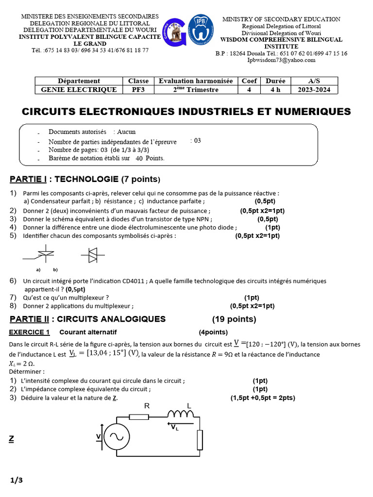 Épreuve PF3 : Circuits Numériques et Analogiques | PDF | Amplificateur ...