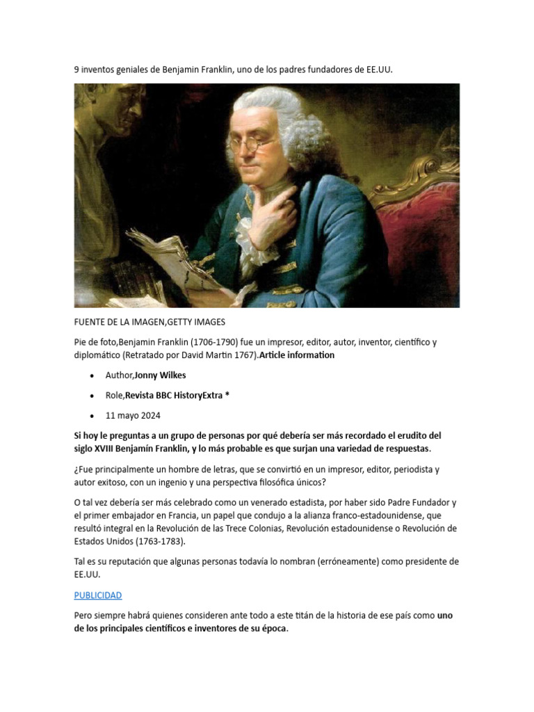 9 Inventos Geniales de Benjamin Franklin | PDF | Lentes | Estufa