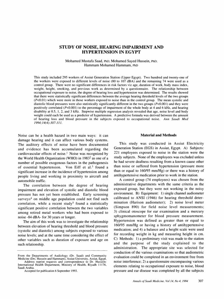 Noise-Induced Hearing Loss and Hypertension in Egypt | PDF | Noise ...