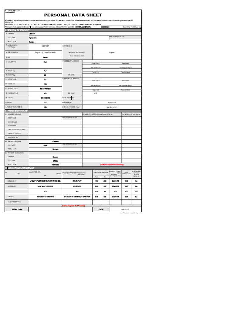 CS Form No. 212 Personal Data Sheet UPDATE | PDF | Government
