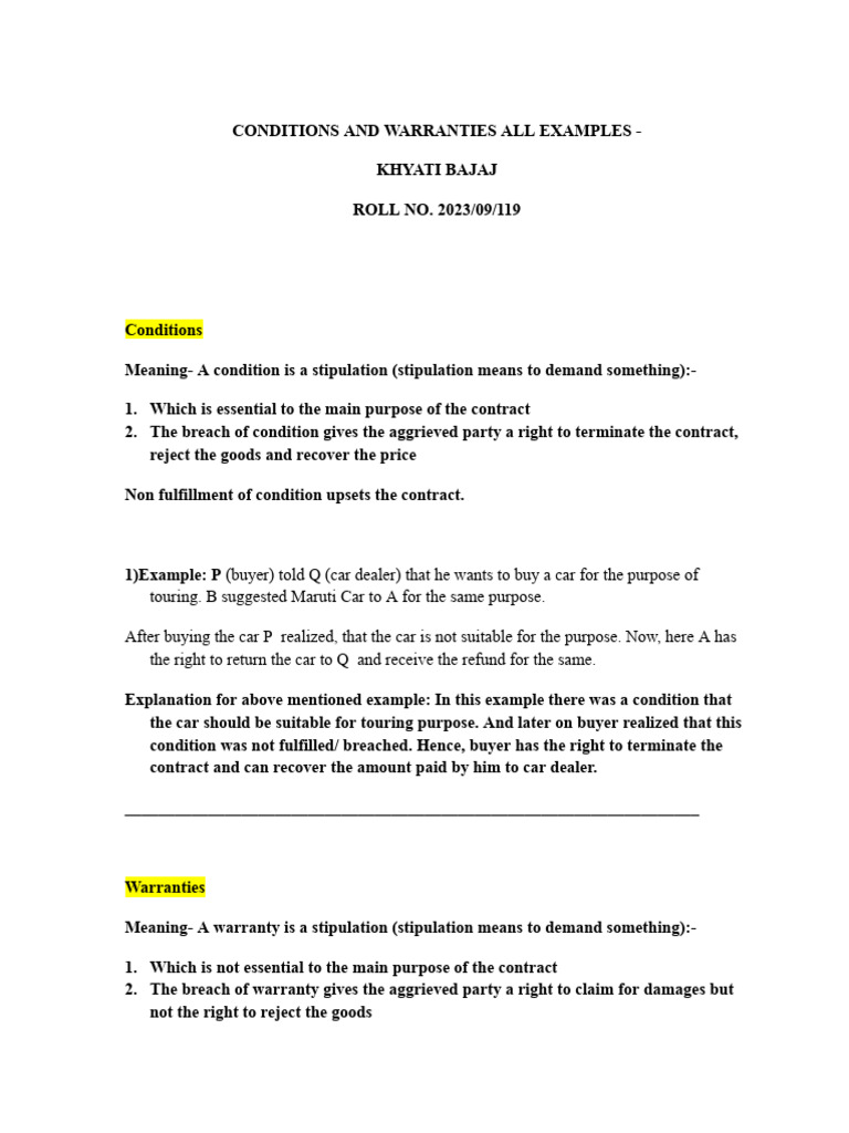 Conditions and Warranties All Examples | PDF | Breach Of Contract | Sales