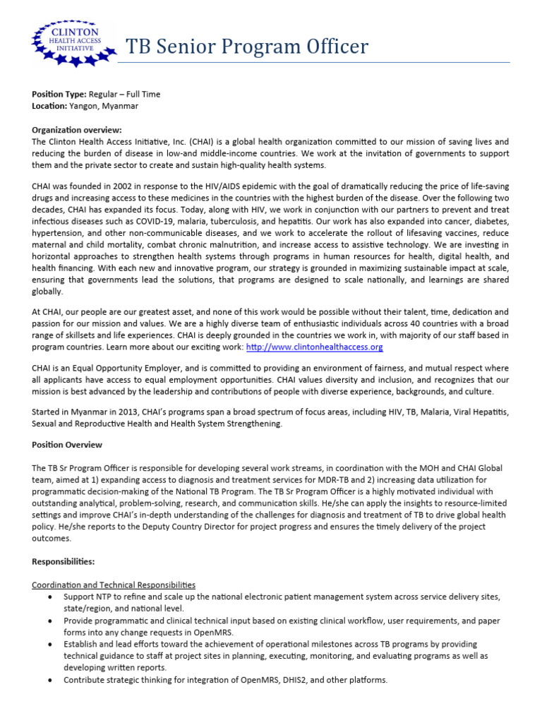 TB Senior Program Officer - CHAI Myanmar | PDF | Global Health | Health ...