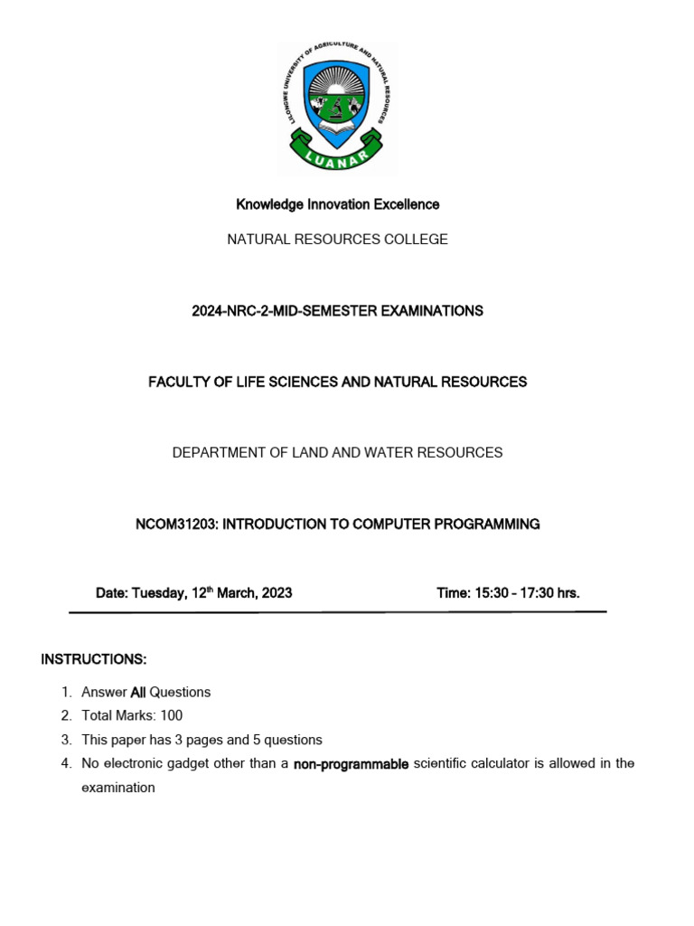 NCOM31203 - Introduction To Computer Programming - Mid Semester ...