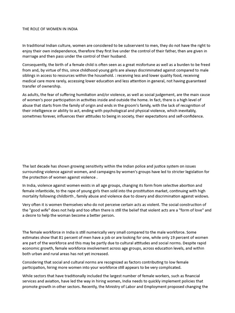 The Role of Women in India | PDF | Workforce | Woman
