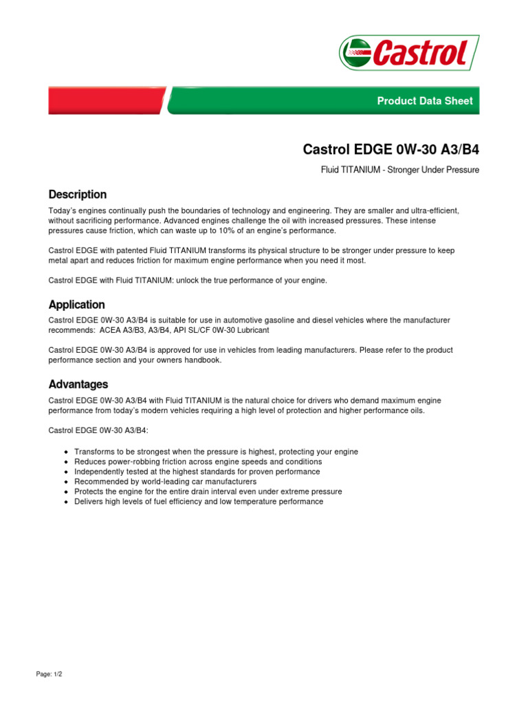 Castrol EDGE 0W-30 A3/B4 Data Sheet | PDF | Technology & Engineering