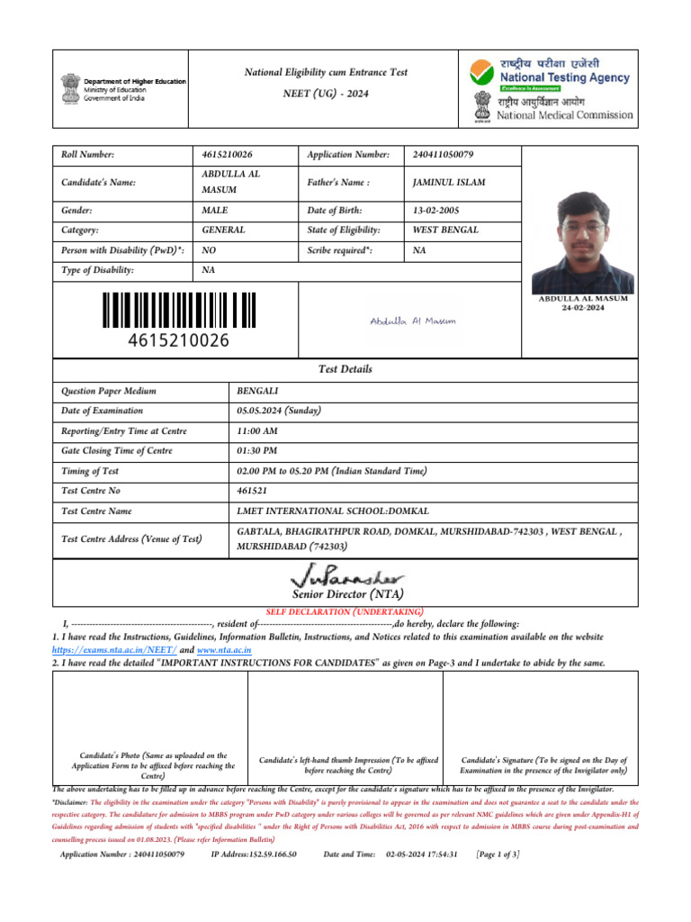 Neet ntaonline in frontend web admitcard index pdf identity document