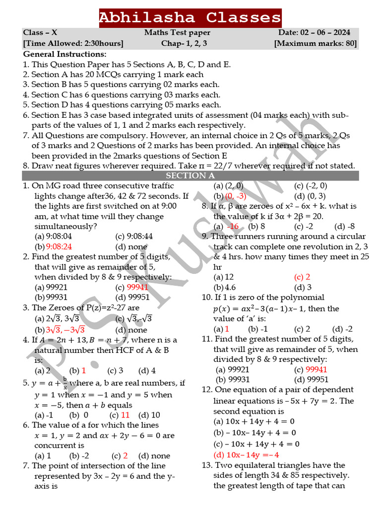 Grade X Maths Test Paper 2024 | PDF | Equations | Polynomial