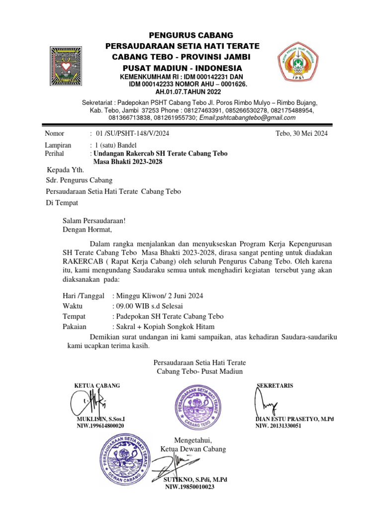 Undangan Rakercab SH Terate Tebo Fix | PDF