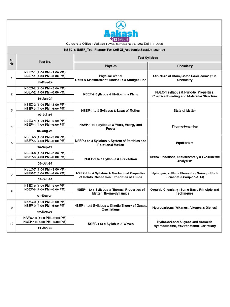 CoE XI JEE (2026 Batch) NSE's Test Planner PDF Chemistry