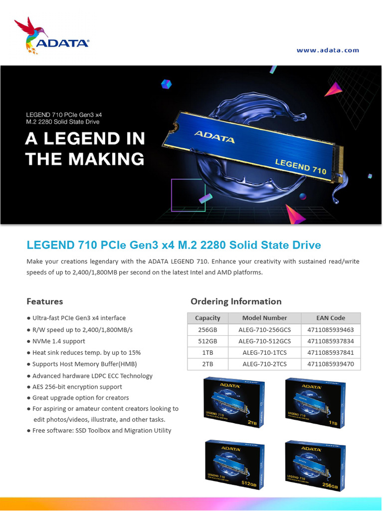 ADATA Legend 710 SSD Specifications | PDF | Solid State Drive | Flash ...