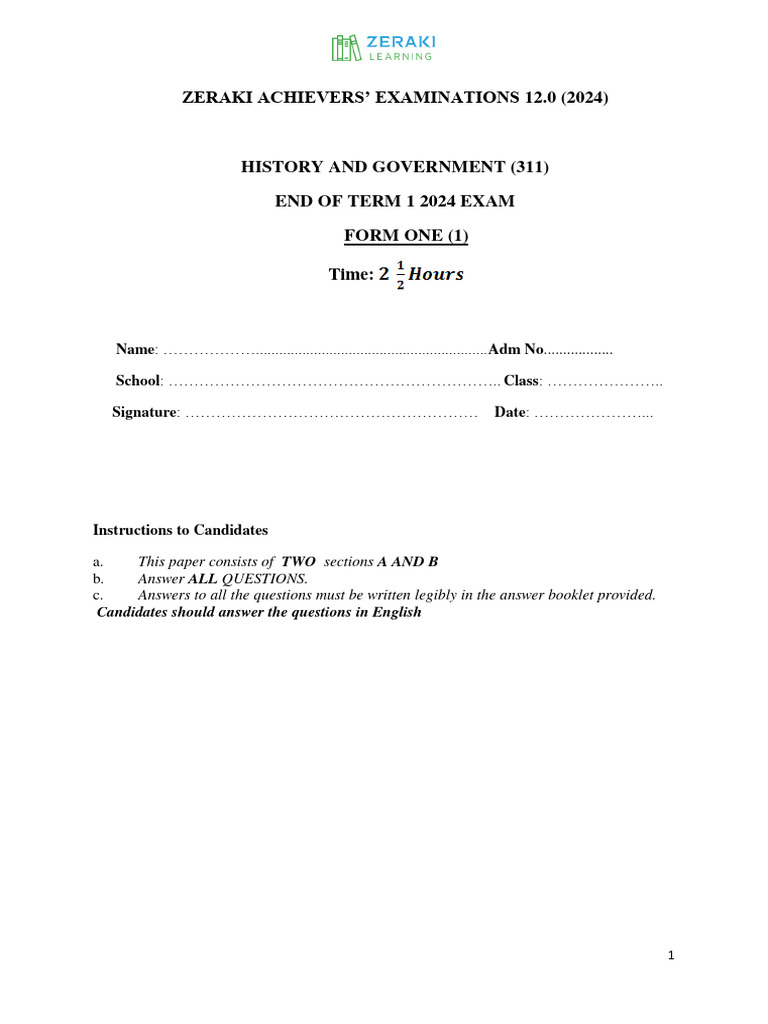 2024 Form One History Exam Paper | PDF | Stone Age | Homo