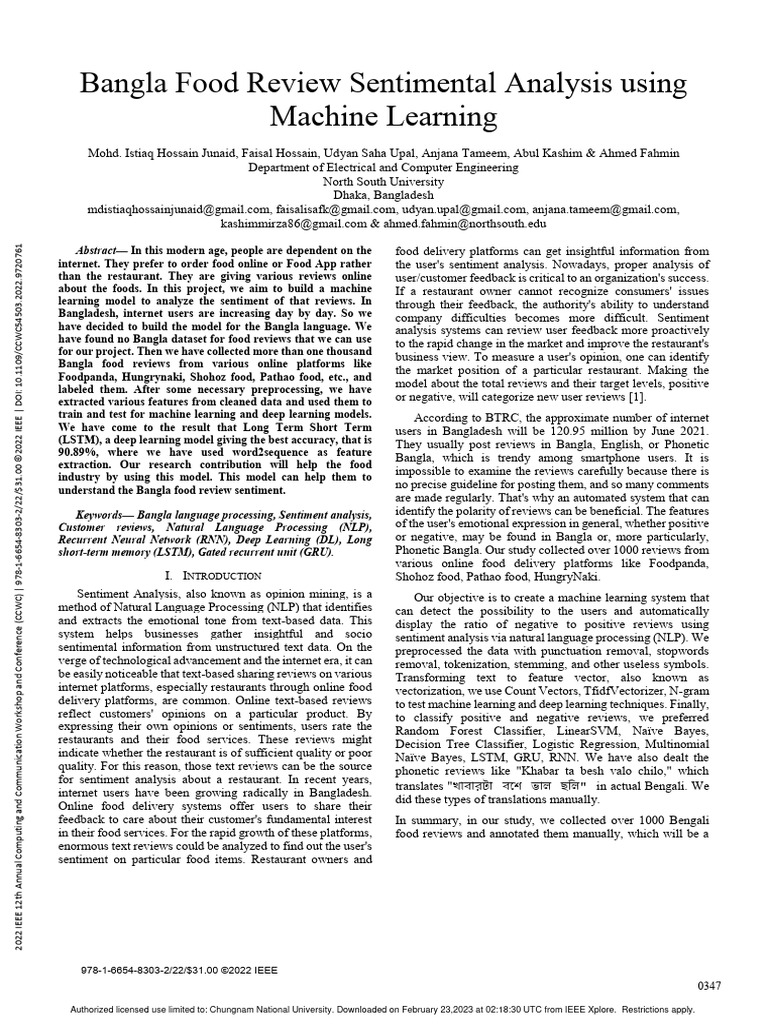 Bangla food review sentimental analysis using machine learning