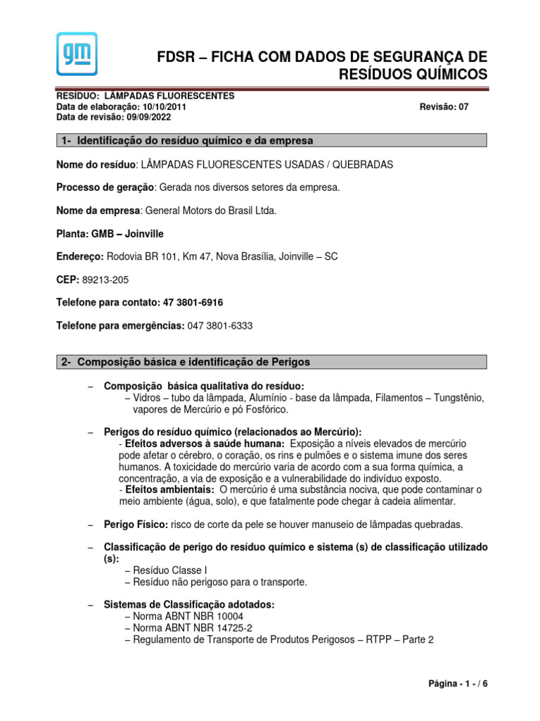 FDSR - Lâmpadas Fluorescentes Usadas-Quebradas - Rev. 07 | PDF ...