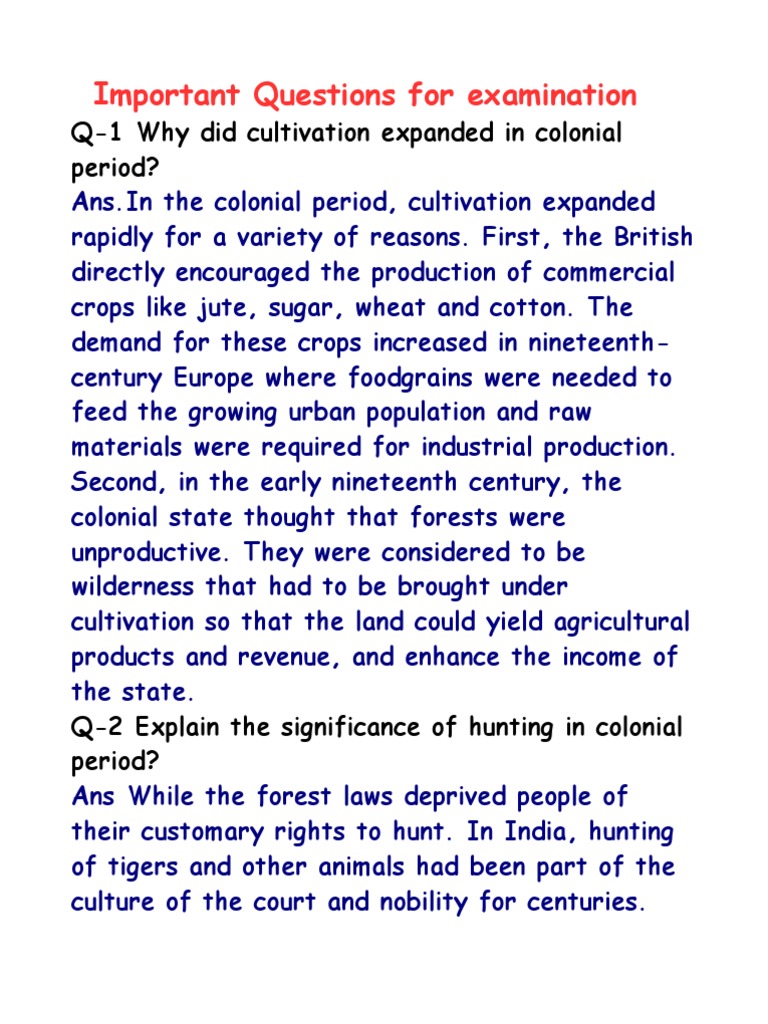 Important Questions For Examination Q1 Why Did Cultivation Expanded in Colonial Period? PDF