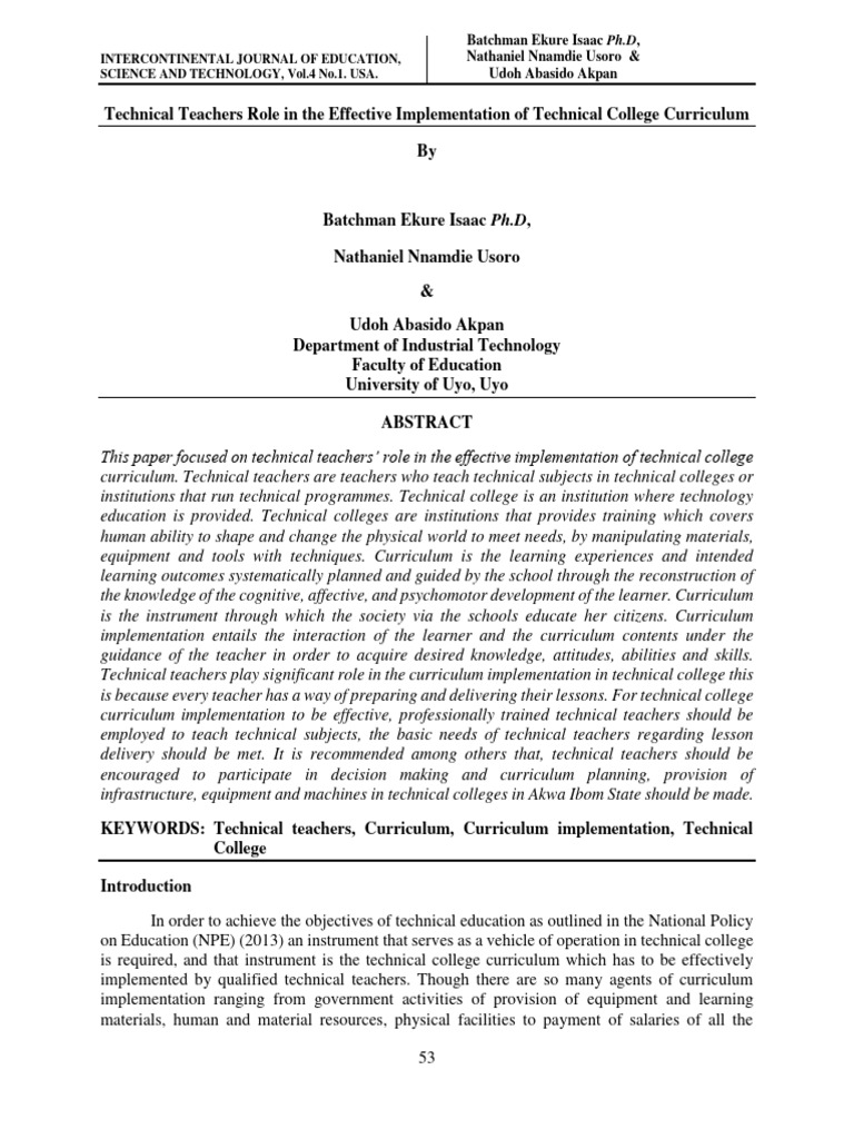Technical Teachers' Role in Curriculum Implementation | PDF ...